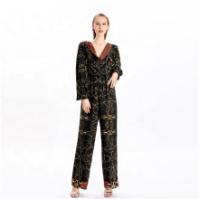 Custom Women Black Printed V Neck Long Sleeve jumpsuits